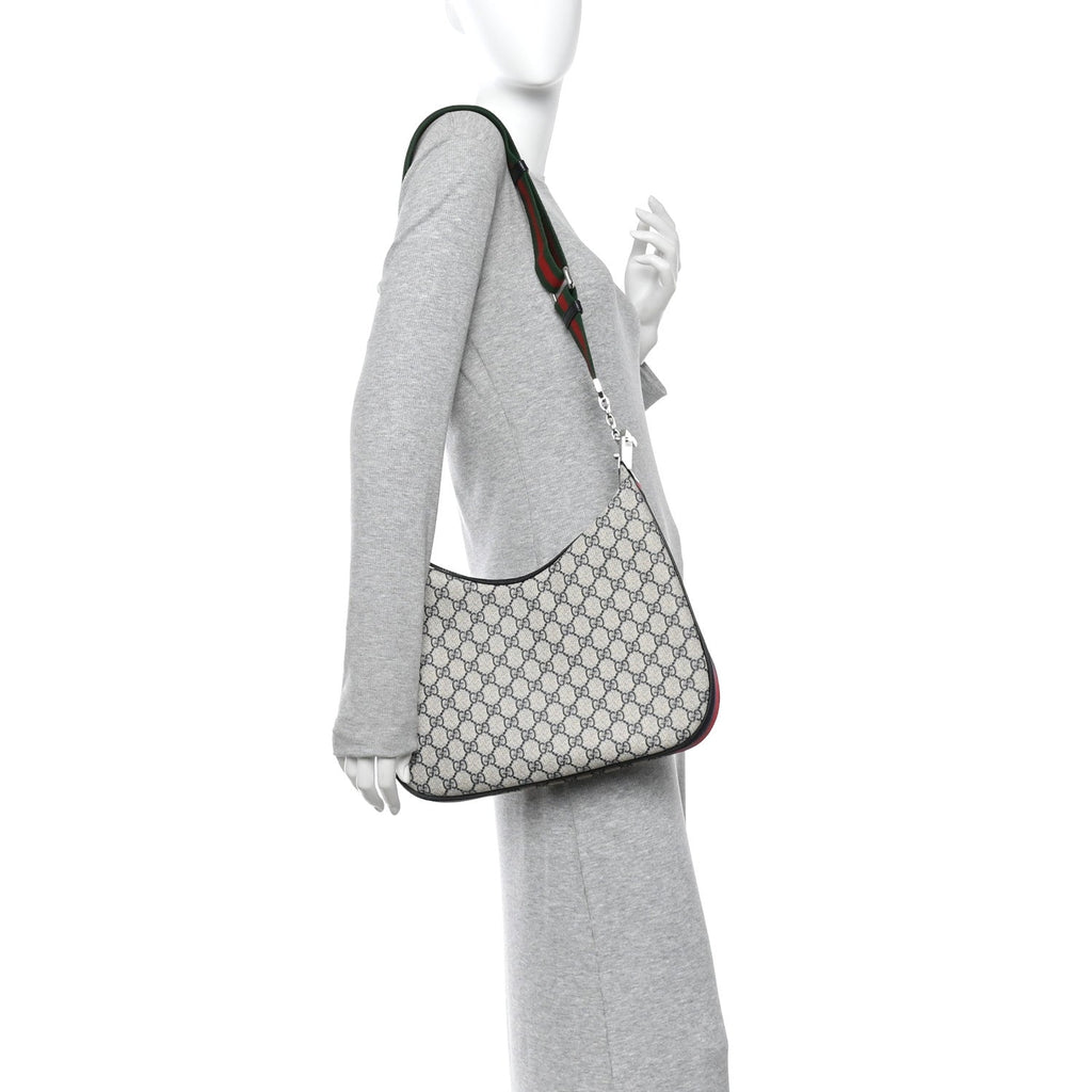 Gucci GG Supreme Monogram Textured Calfskin Web Large Attache Shoulder Bag Beige Blue