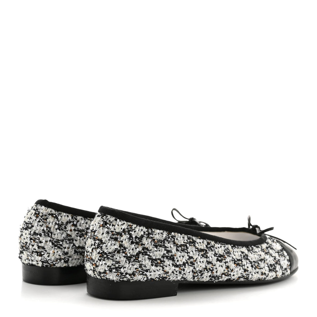 Chanel Tweed Sequin Lambskin Cap Toe Ballerina Flats 39 Black
