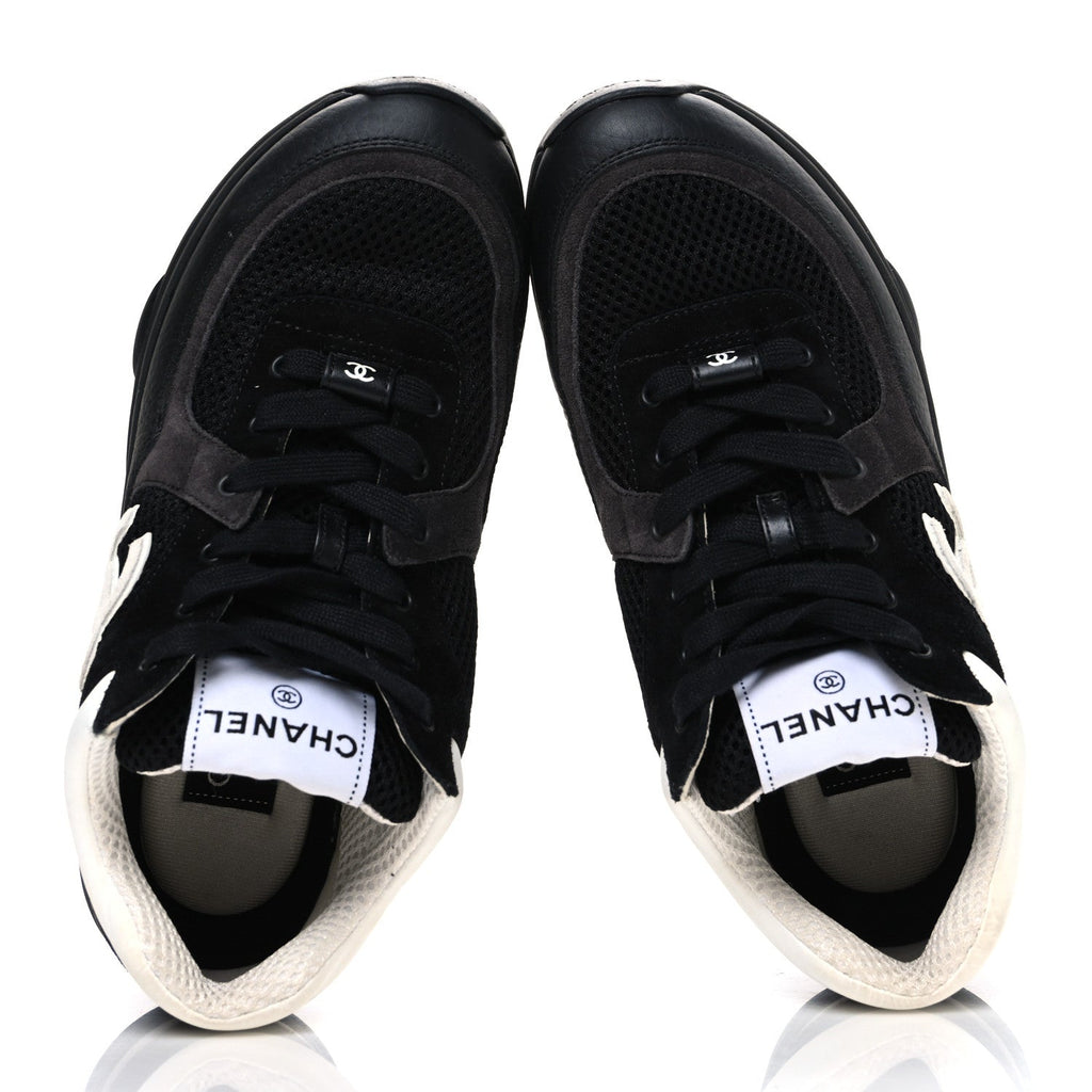 Mesh Suede Grained Calfskin Womens CC Sneakers 37.5 Black White