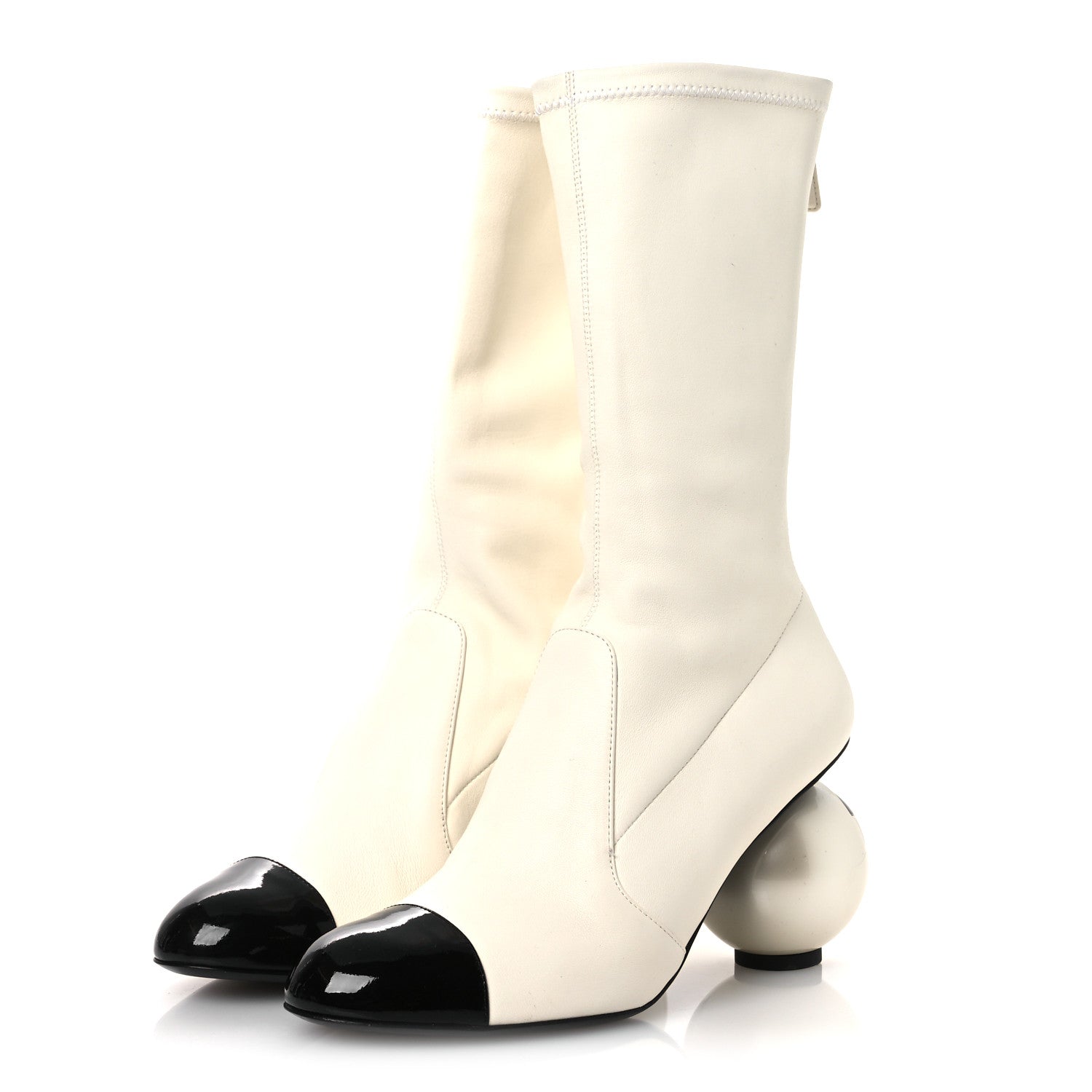 Chanel Stretch Lambskin Patent Cap Toe Pearl Ball Mid Calf Boots 39 White Black
