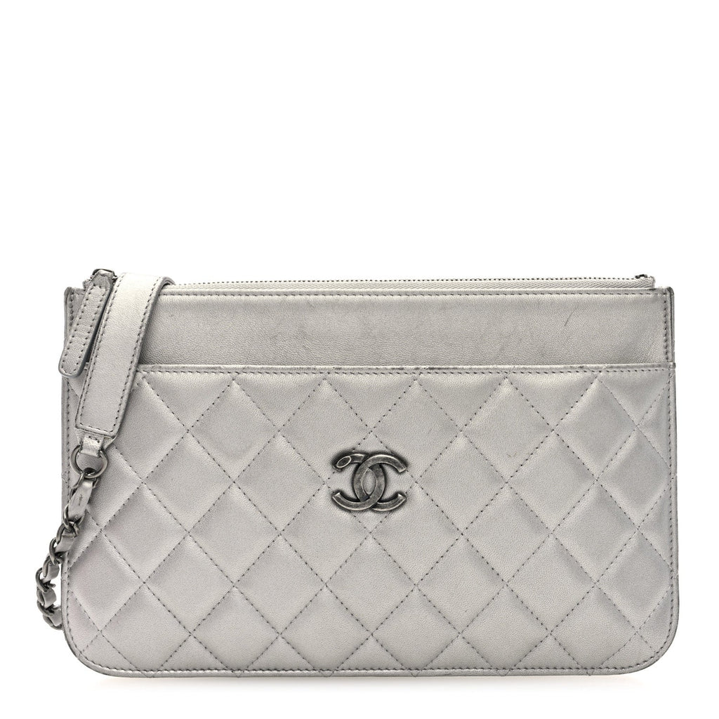 Chanel Metallic Lambskin Quilted Clutch With Chain Silver