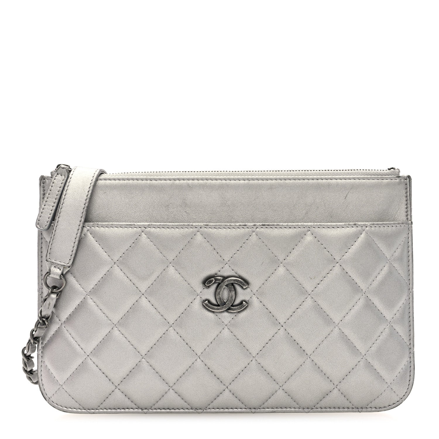 Chanel Metallic Lambskin Quilted Clutch With Chain Silver