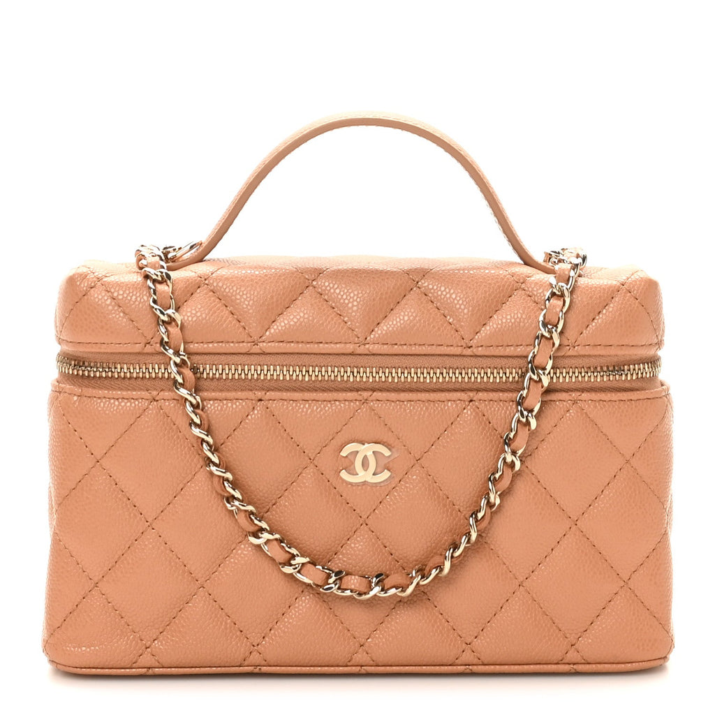 Chanel Caviar Quilted Top Handle Slim Vanity With Chain Brown