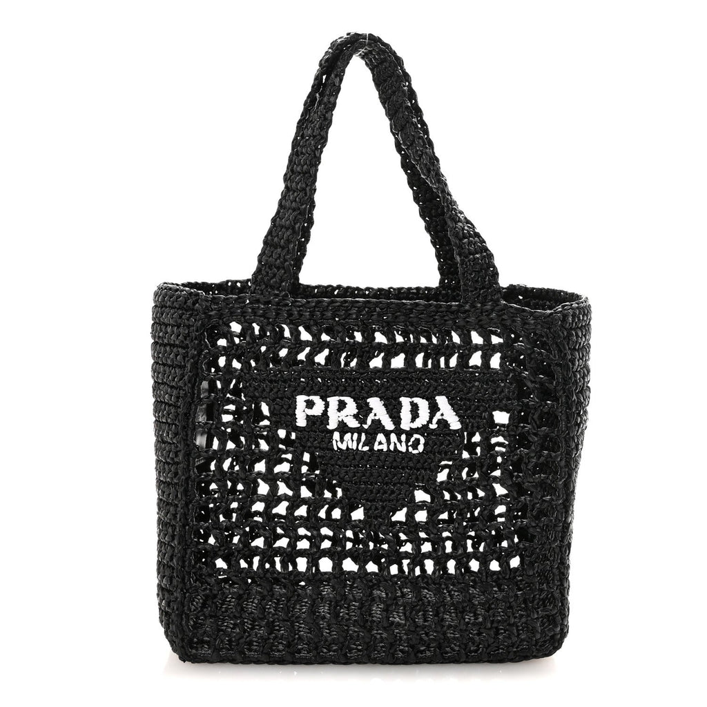 Prada Yarn Raffia Effect Crochet Logo Embroidered Small Tote Bag Black