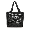Prada Yarn Raffia Effect Crochet Logo Embroidered Small Tote Bag Black