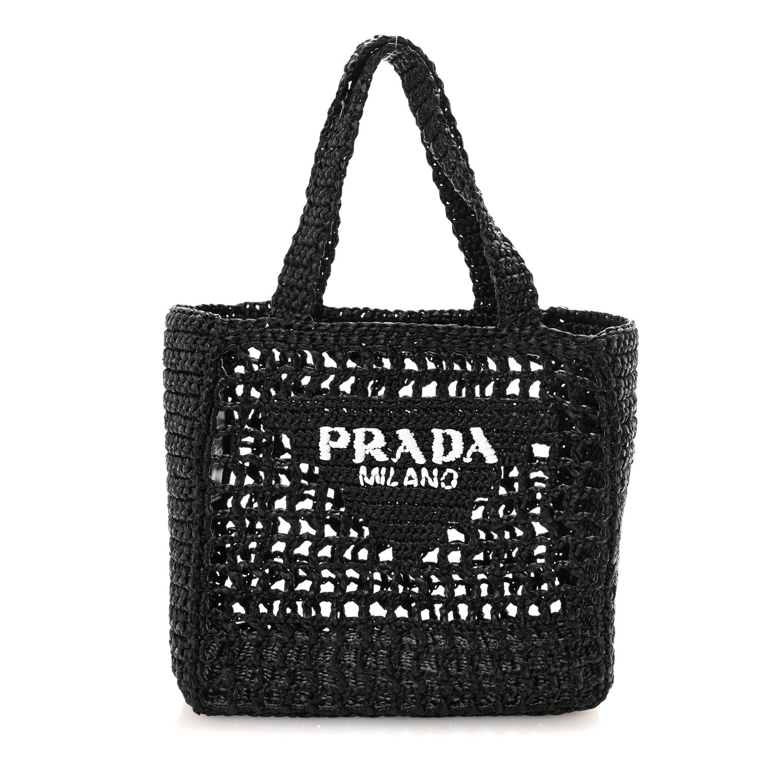 Prada Yarn Raffia Effect Crochet Logo Embroidered Small Tote Bag Black