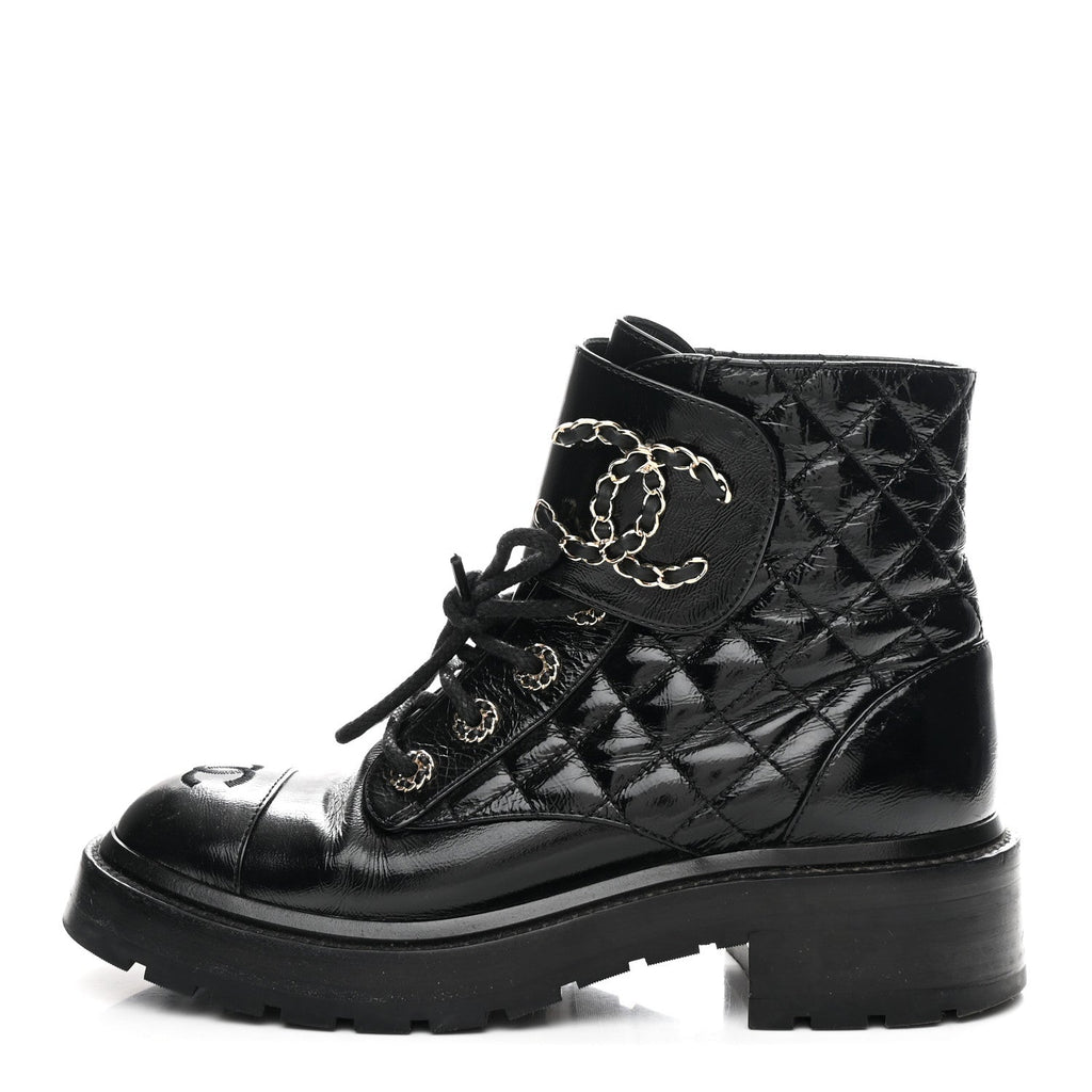 Chanel Shiny Goatskin Calfskin Quilted Lace Up Combat Boots 37 Black