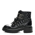 Chanel Shiny Goatskin Calfskin Quilted Lace Up Combat Boots 37 Black