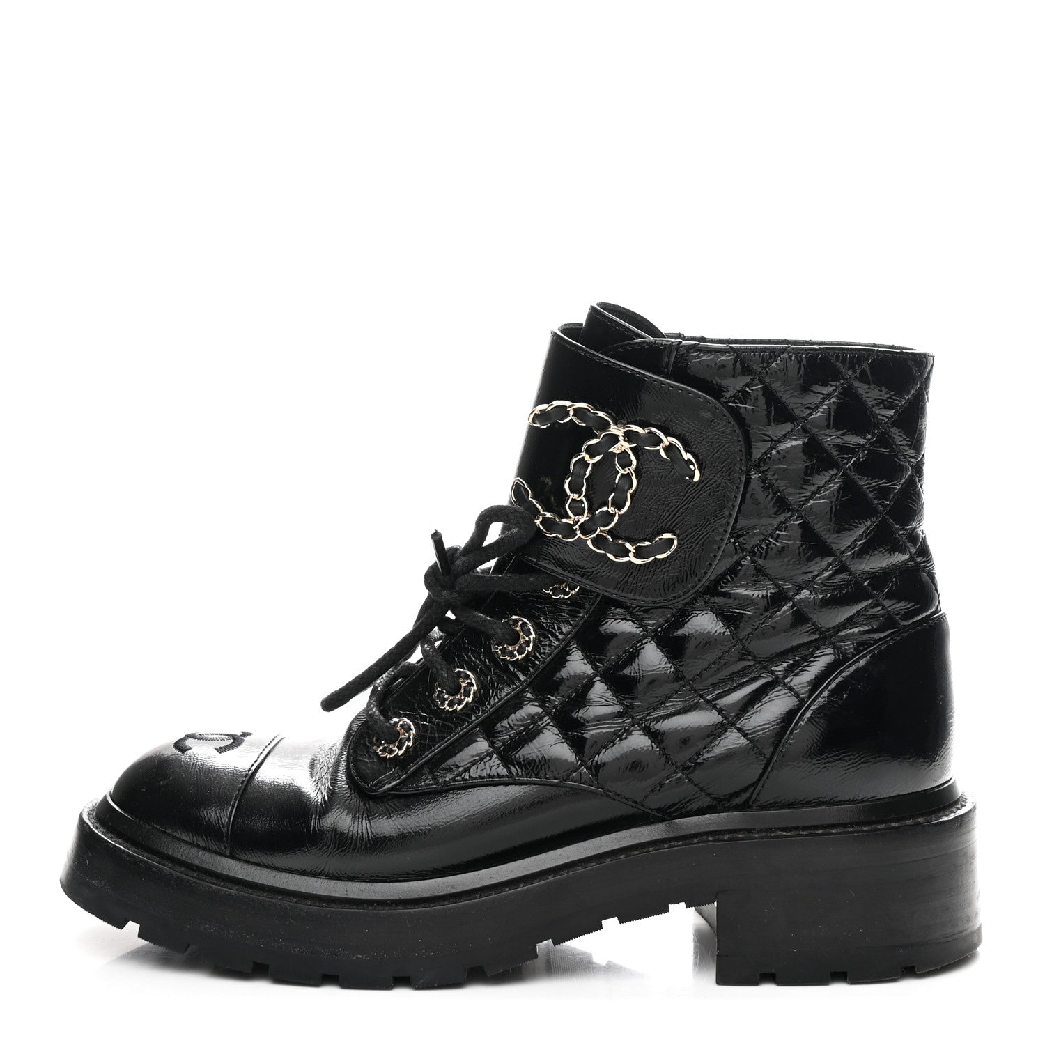 Chanel Shiny Goatskin Calfskin Quilted Lace Up Combat Boots 37 Black