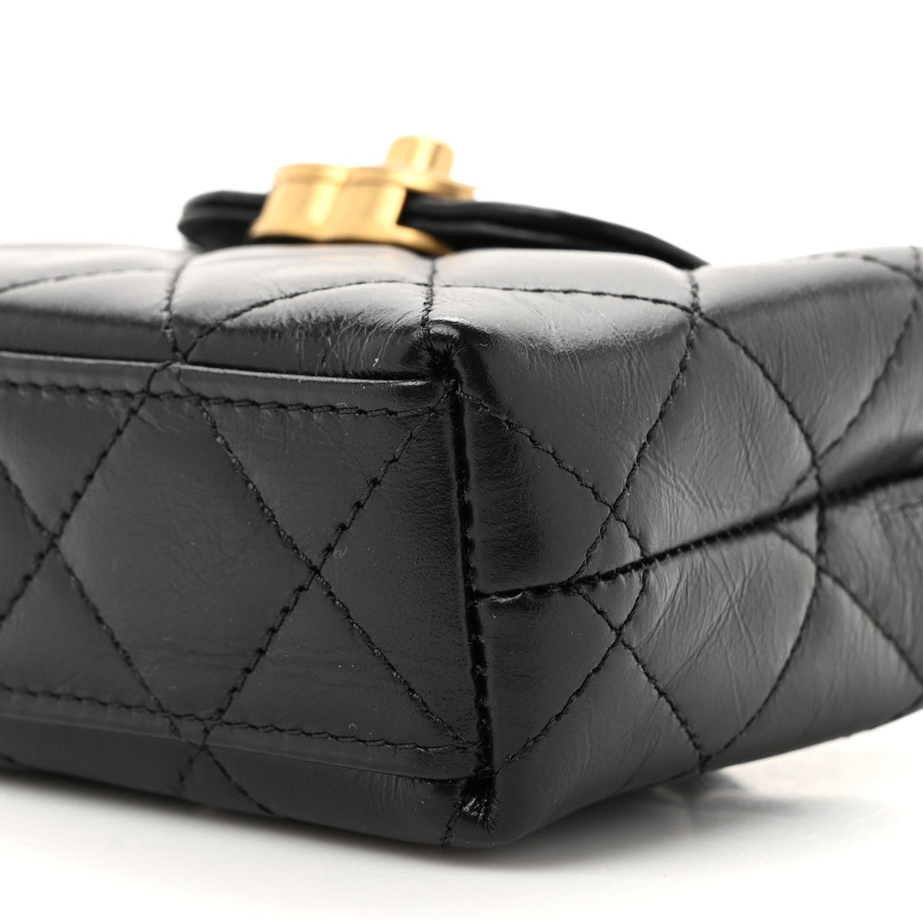 Chanel Shiny Aged Calfskin Quilted Mini Nano Kelly Shopper Black