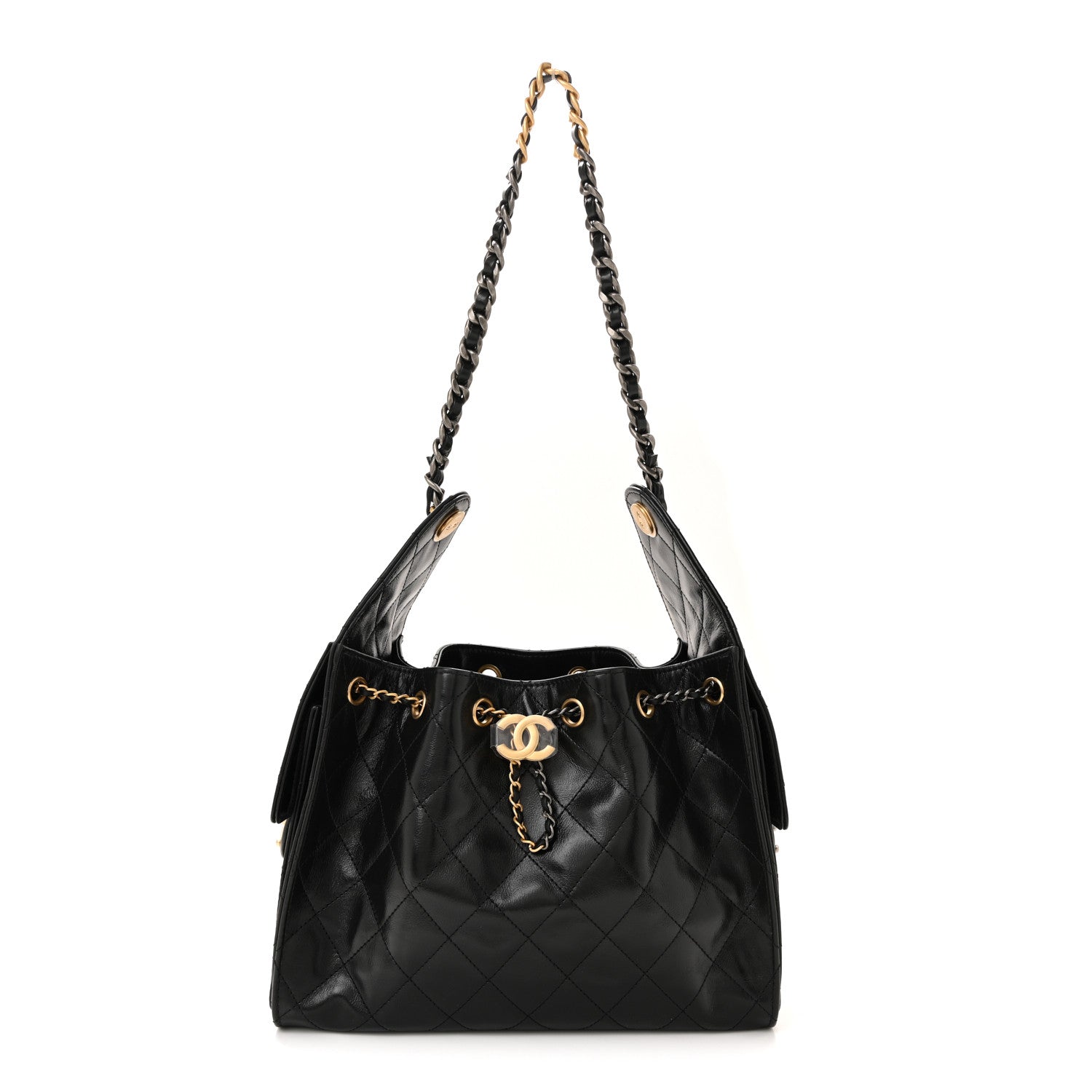 Chanel Shiny Crumpled Calfskin Quilted Small Chanel 25 Handbag Black
