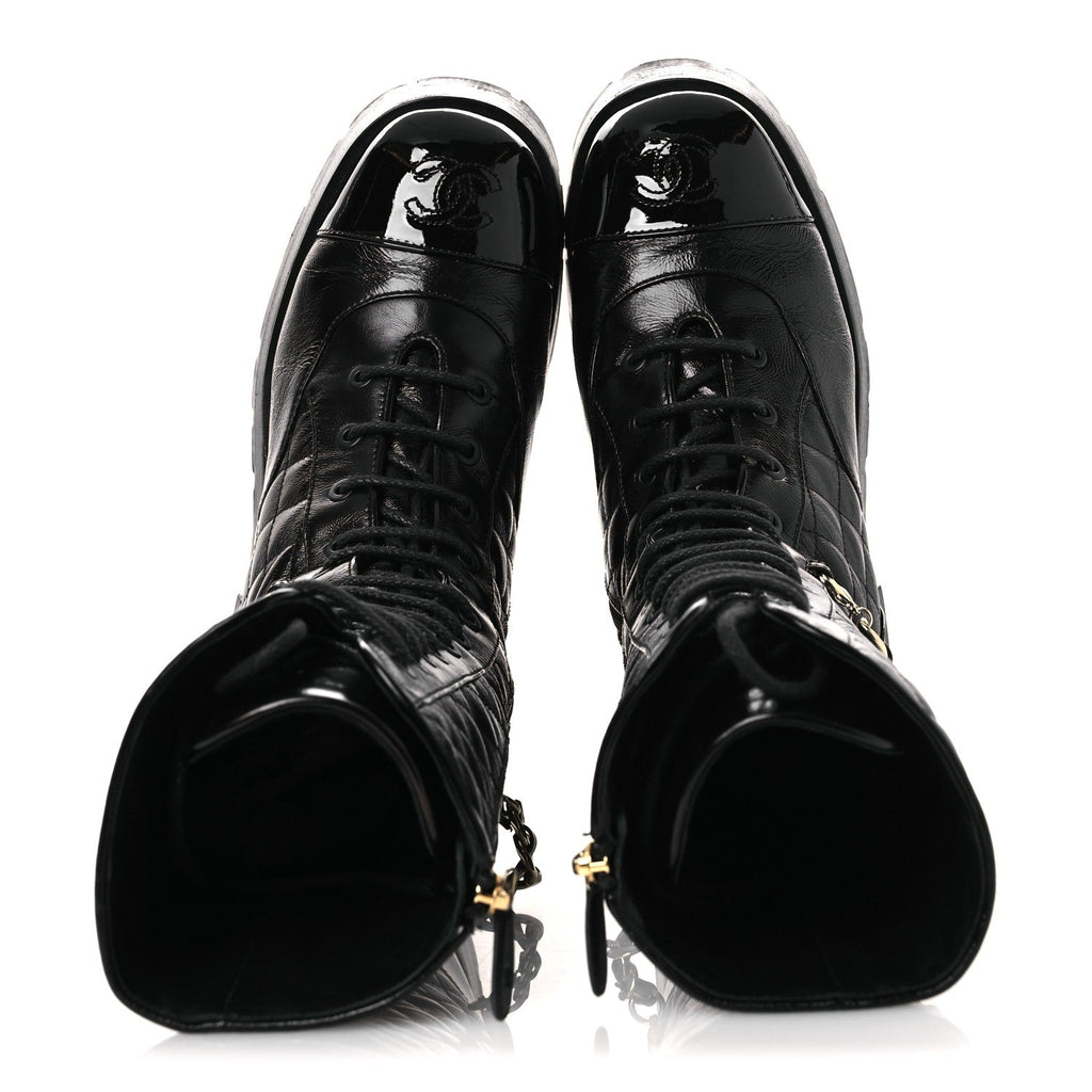Chanel Shiny Calfskin Patent Quilted Chain Lace Up Combat Long Boots 37 Black