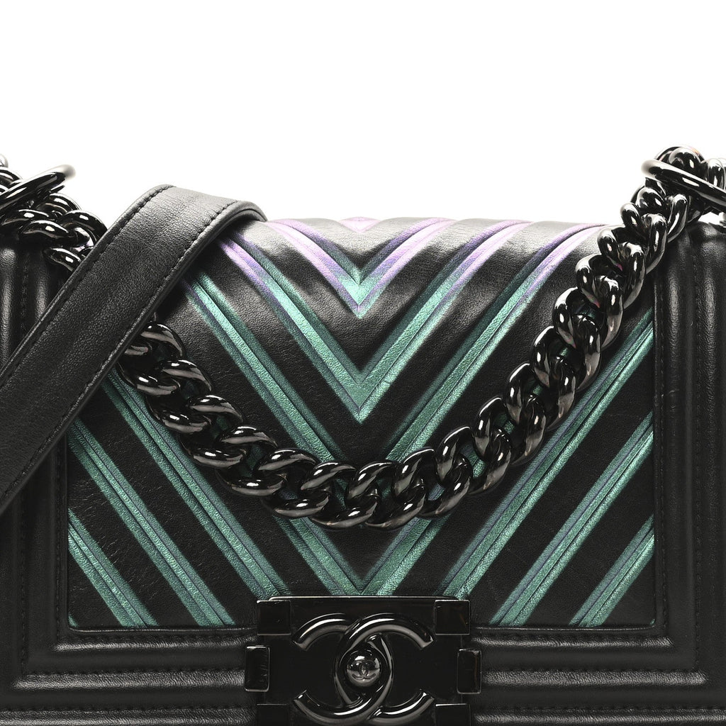 Chanel Calfskin Painted Chevron Embossed Medium Boy Flap Black