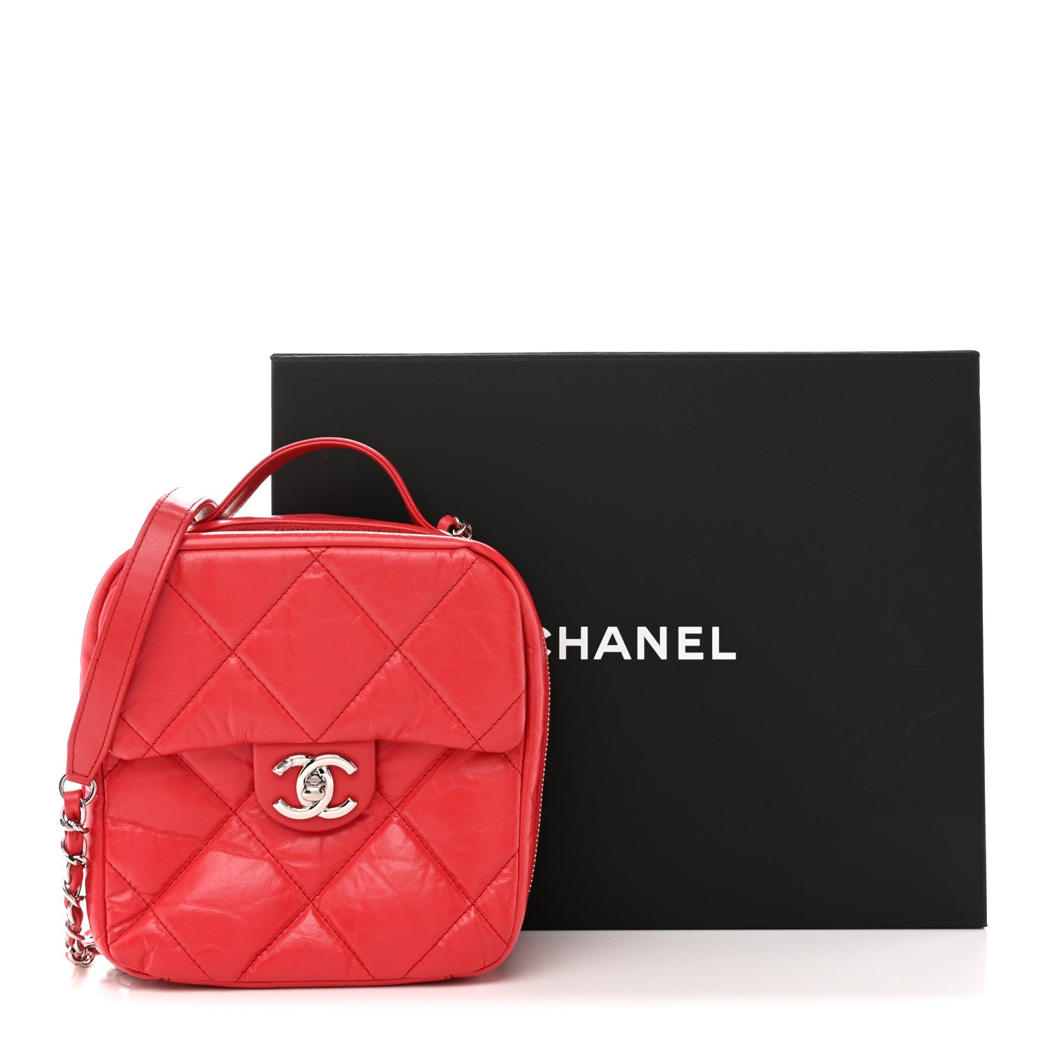 Chanel Aged Calfskin Quilted Top Handle Camera Case Red