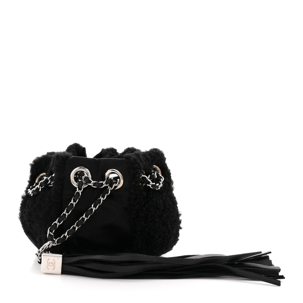 Chanel Fur Satin Drawstring Tassel Sac Cordon Shoulder Bag Black