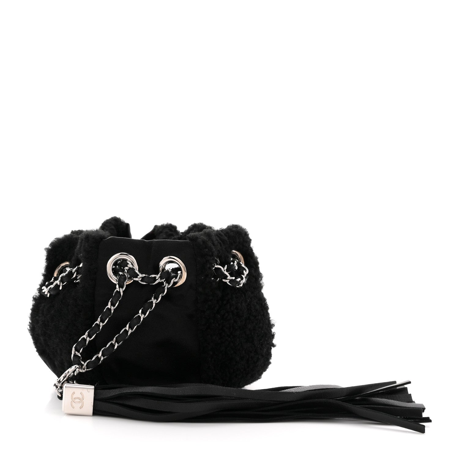 Chanel Fur Satin Drawstring Tassel Sac Cordon Shoulder Bag Black