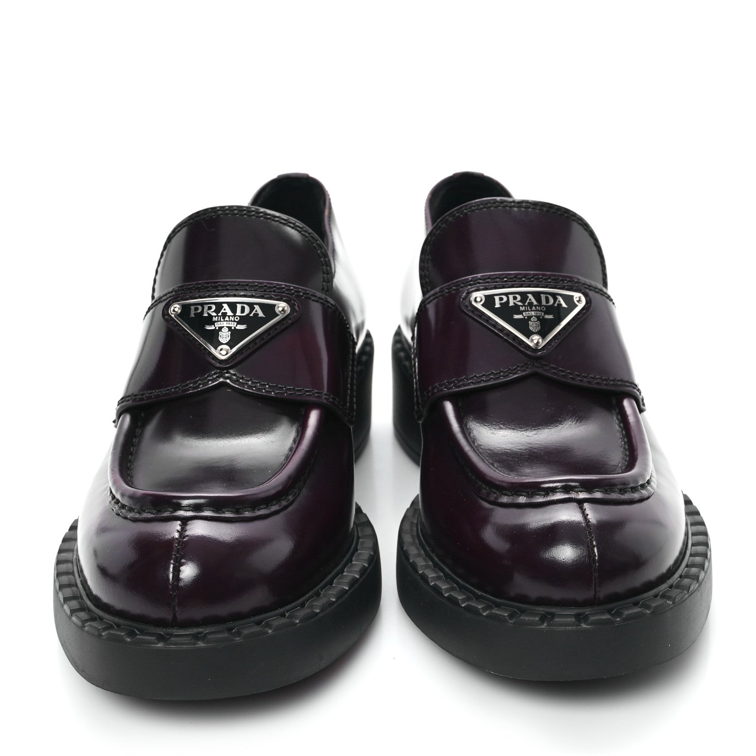 Prada Spazzolato Metal Triangle Logo 50mm Loafers 35 Cordovan