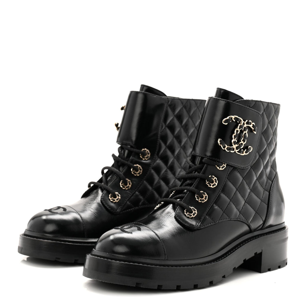 Chanel Shiny Calfskin Quilted Lace Up Combat Boots 39 Black