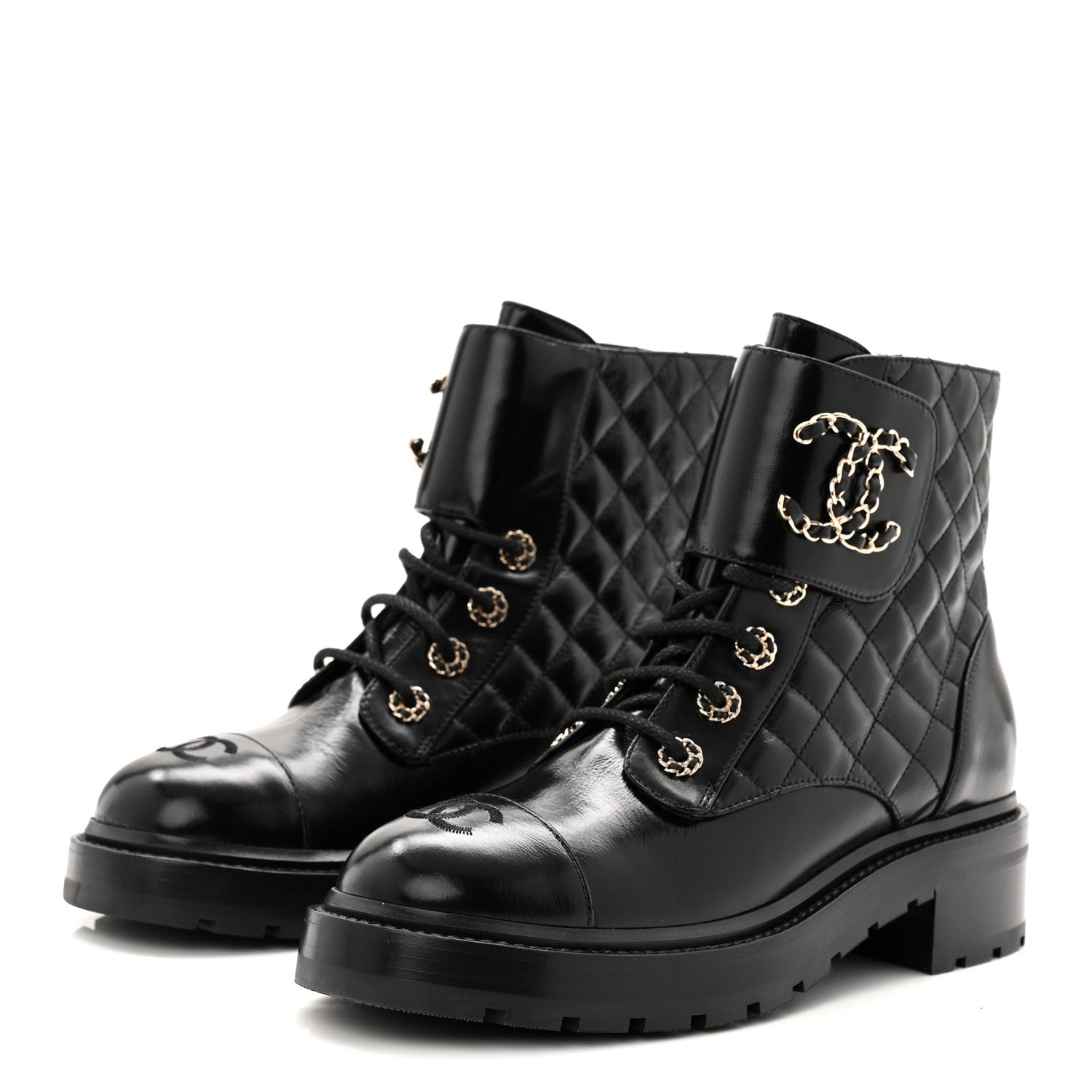 Chanel Shiny Calfskin Quilted Lace Up Combat Boots 39 Black