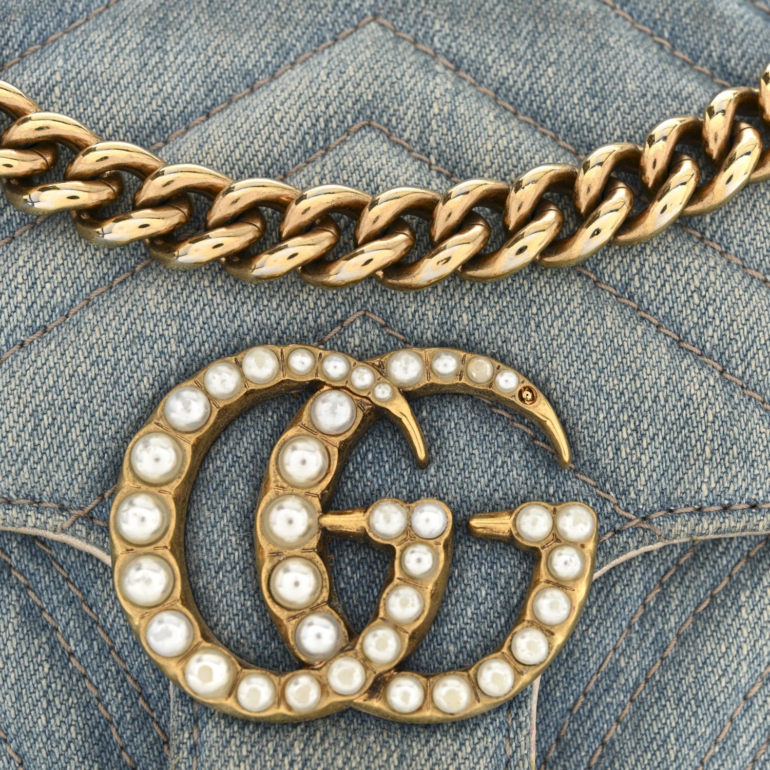 Gucci Denim Matelasse Mini Pearly GG Marmont Shoulder Bag Blue