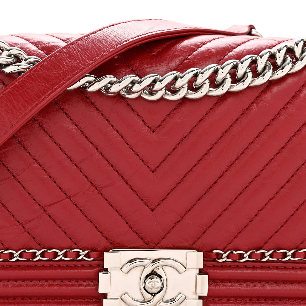 Chanel Aged Calfskin Chevron Quilted Medium Jacket Boy Flap Red