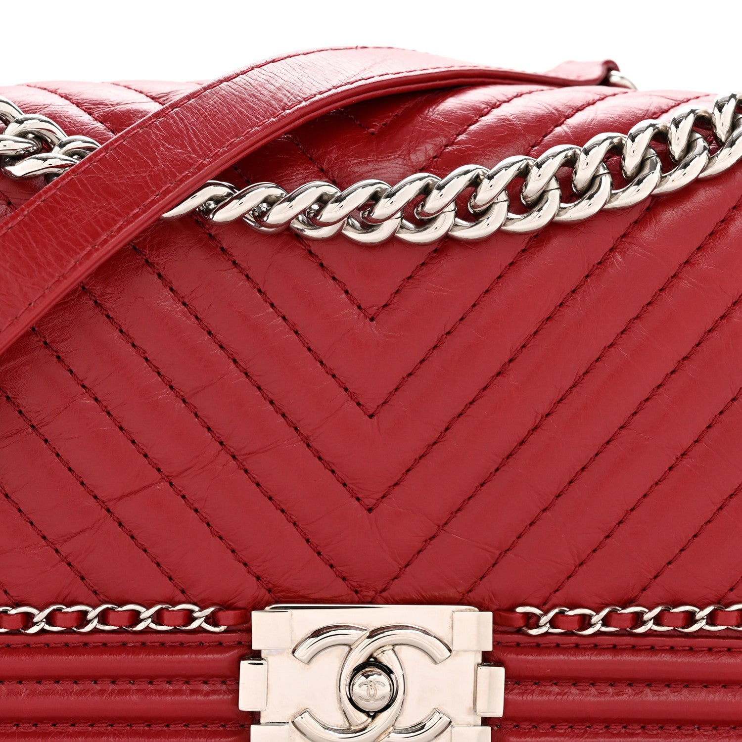 Chanel Aged Calfskin Chevron Quilted Medium Jacket Boy Flap Red