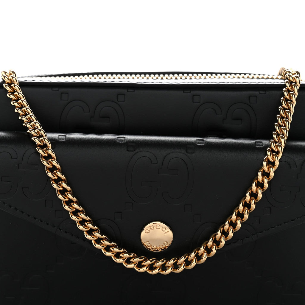 Gucci Calfskin GG Super Mini Debossed Chain Wallet Black