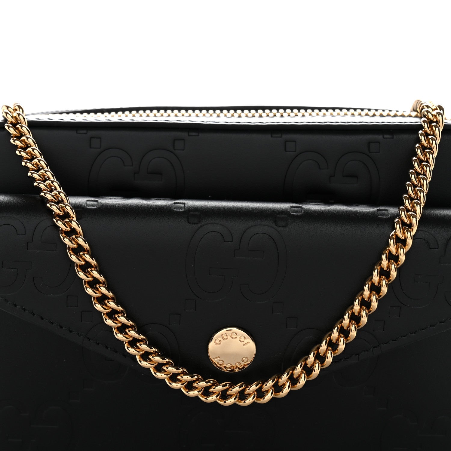 Gucci Calfskin GG Super Mini Debossed Chain Wallet Black