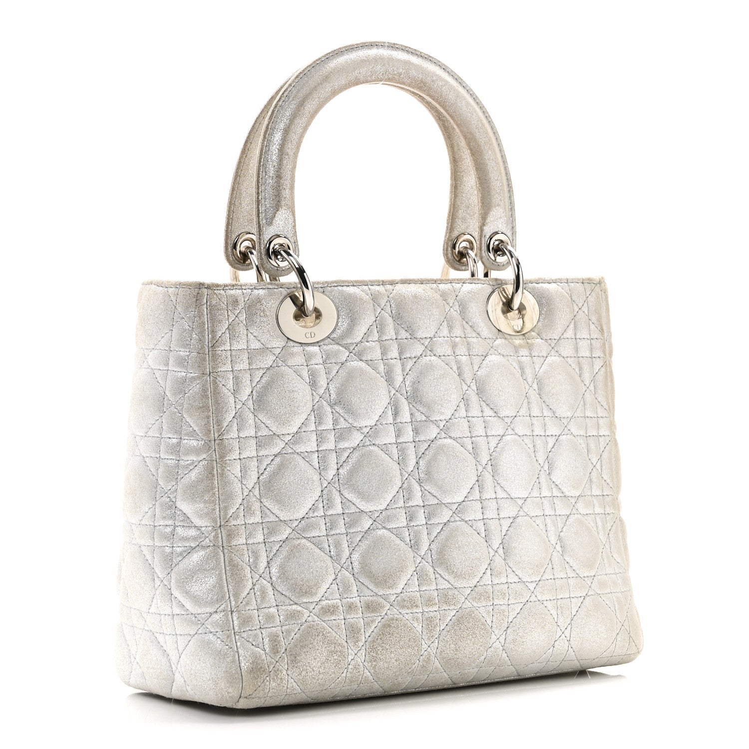 Christian Dior Metallic Nubuck Cannage Medium Lady Dior Silver