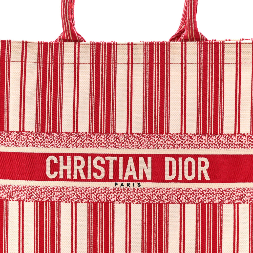 Christian Dior Canvas Embroidered Mykonos Large Striped Book Tote Red