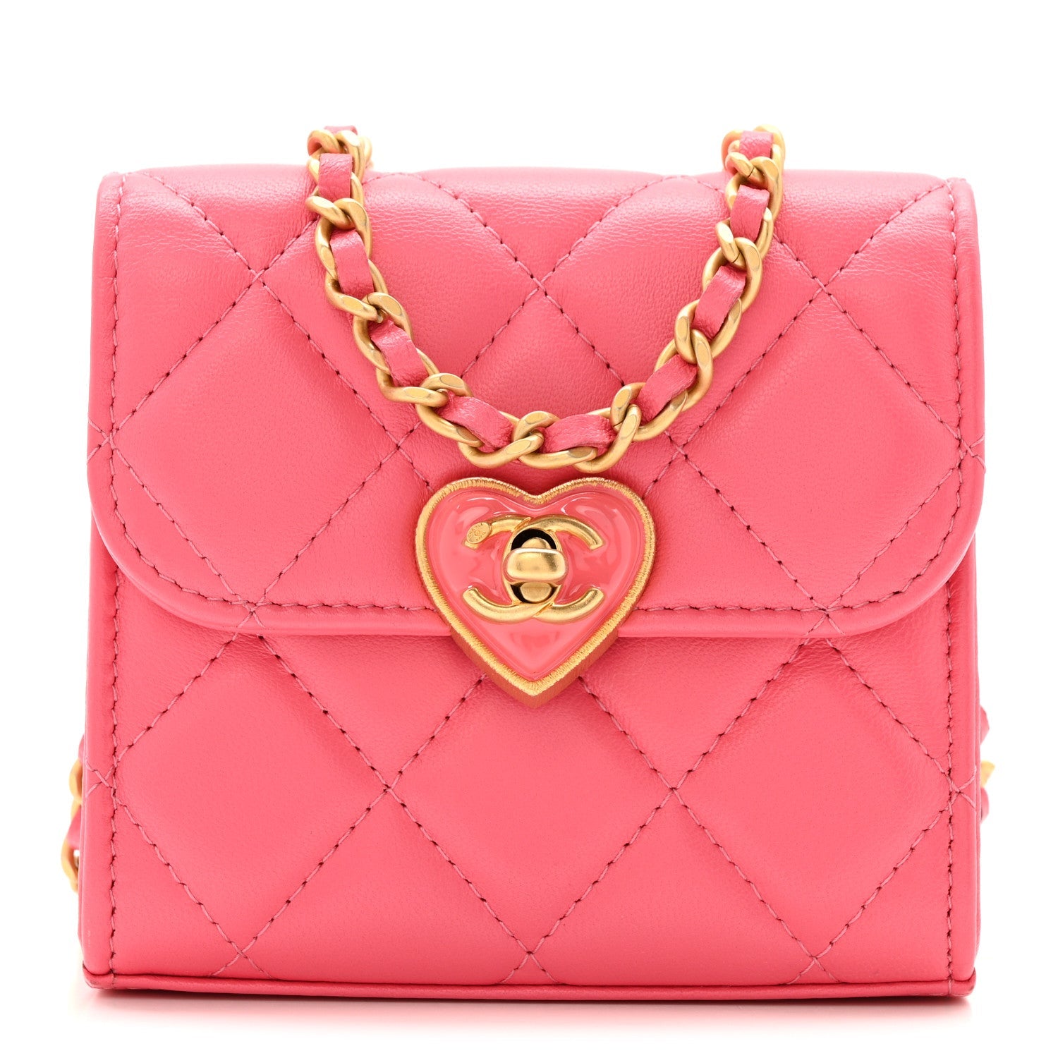 Chanel Lambskin Plexiglass Quilted Coco Love Clutch With Chain Pink