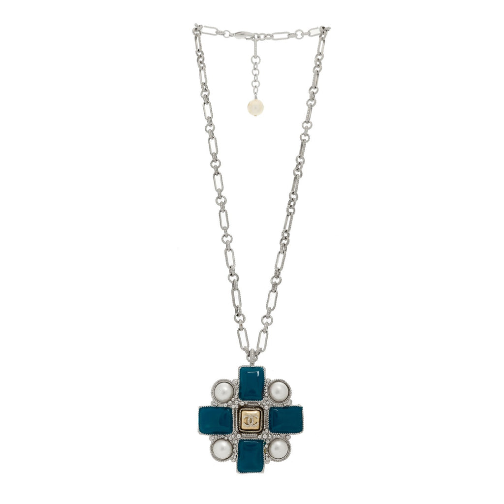Gripoix Poured Glass Pearl CC Pendant Necklace Turquoise Silver