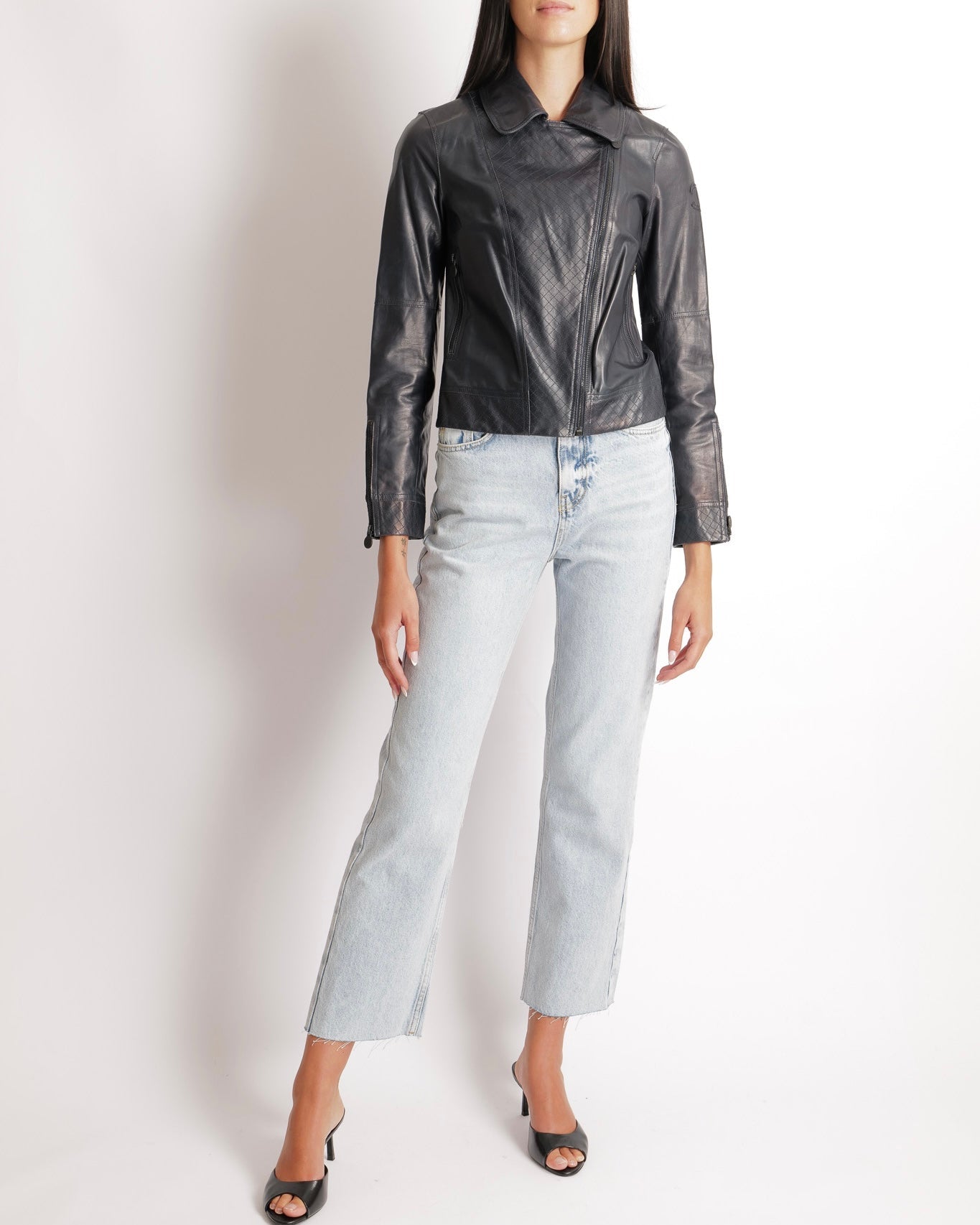 Chanel 12P Navy Calfskin Leather Jacket with Quilted Details and Black CC Logo Buttons Size FR 34 (UK 6)