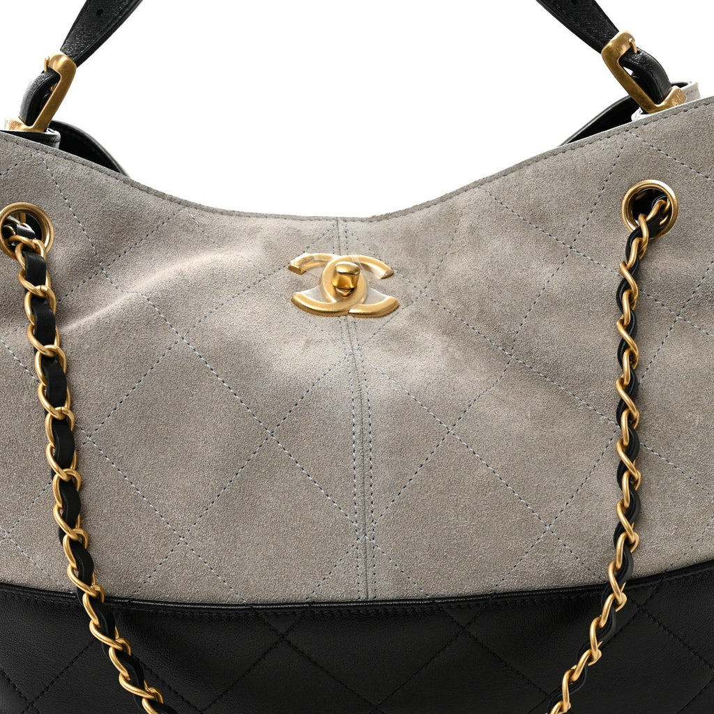 Chanel Suede Calfskin Shiny Lambskin Quilted Small Coco Base Shopping Bag Grey Black