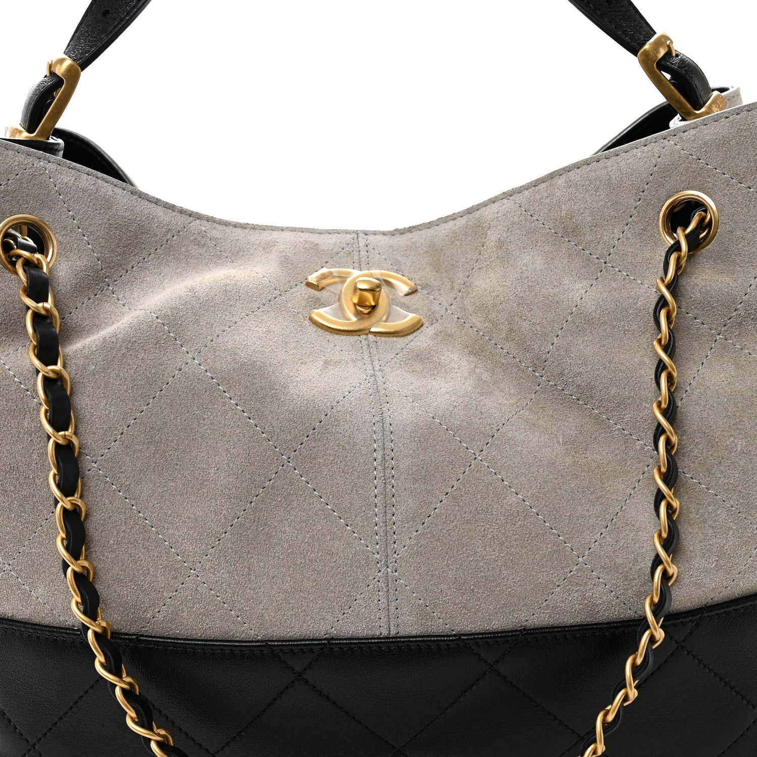 Chanel Suede Calfskin Shiny Lambskin Quilted Small Coco Base Shopping Bag Grey Black