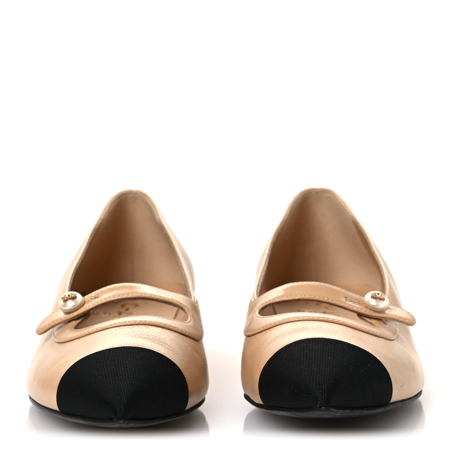 Lambskin Grosgrain Pointed Toe CC Ballet Flats 39 Beige Black