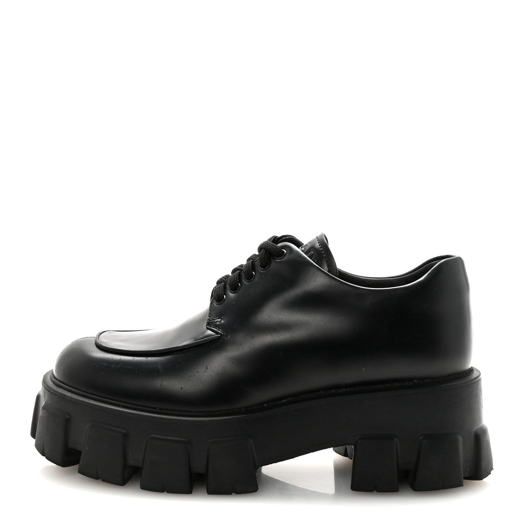 Prada Spazzolato Rois Monolith 55mm Derby Loafers 38 Black