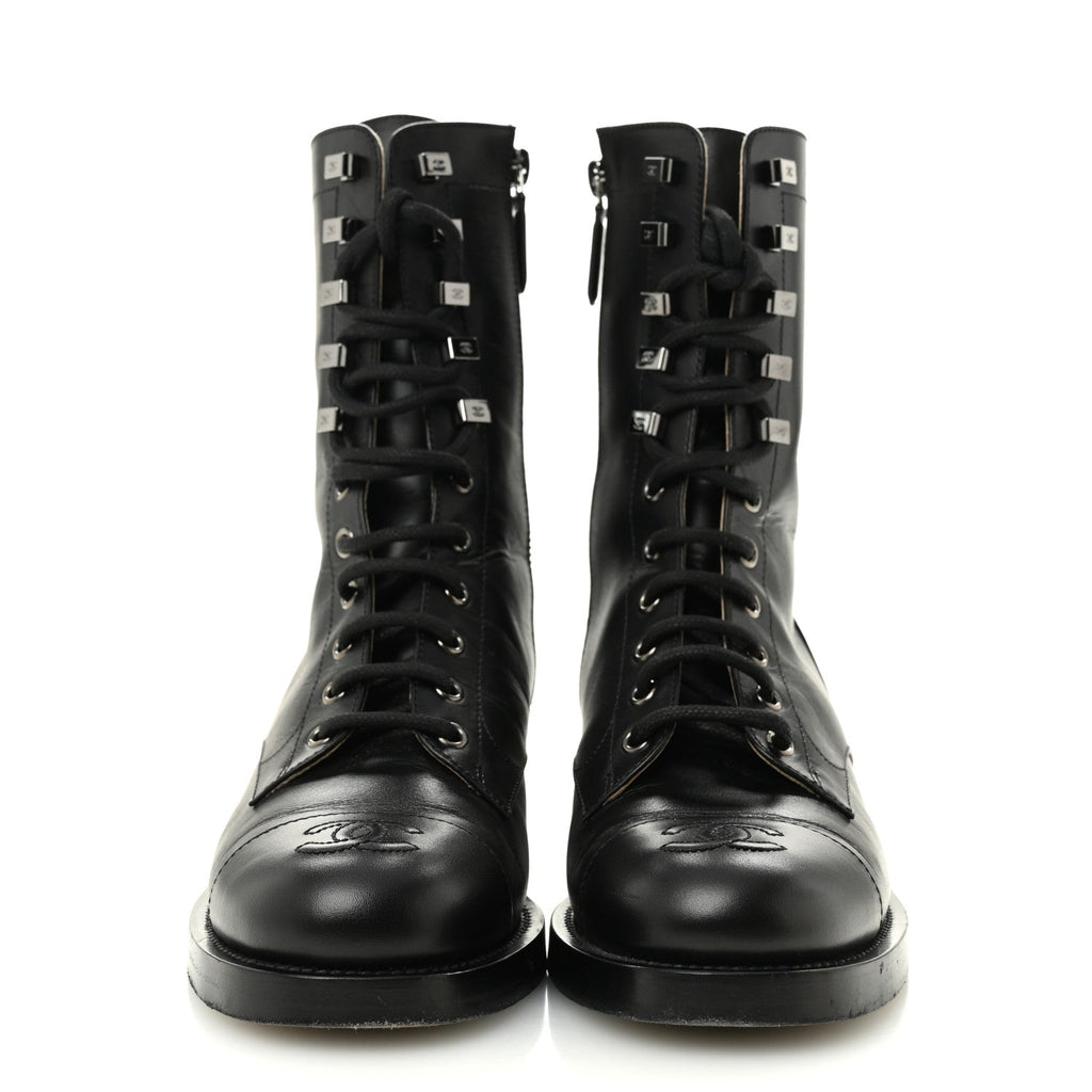 Calfskin Lace Up Combat Boots 37.5 Black