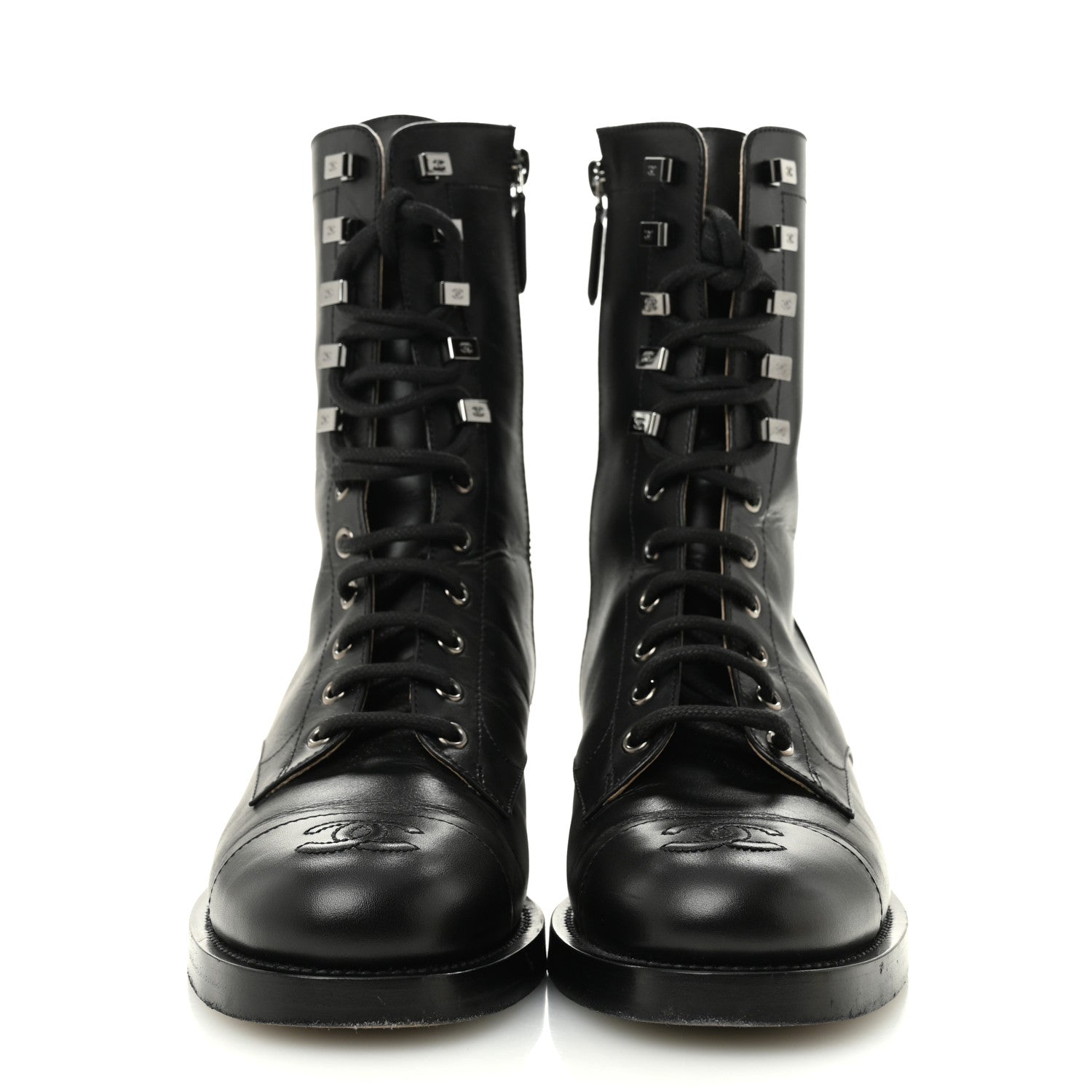 Calfskin Lace Up Combat Boots 37.5 Black