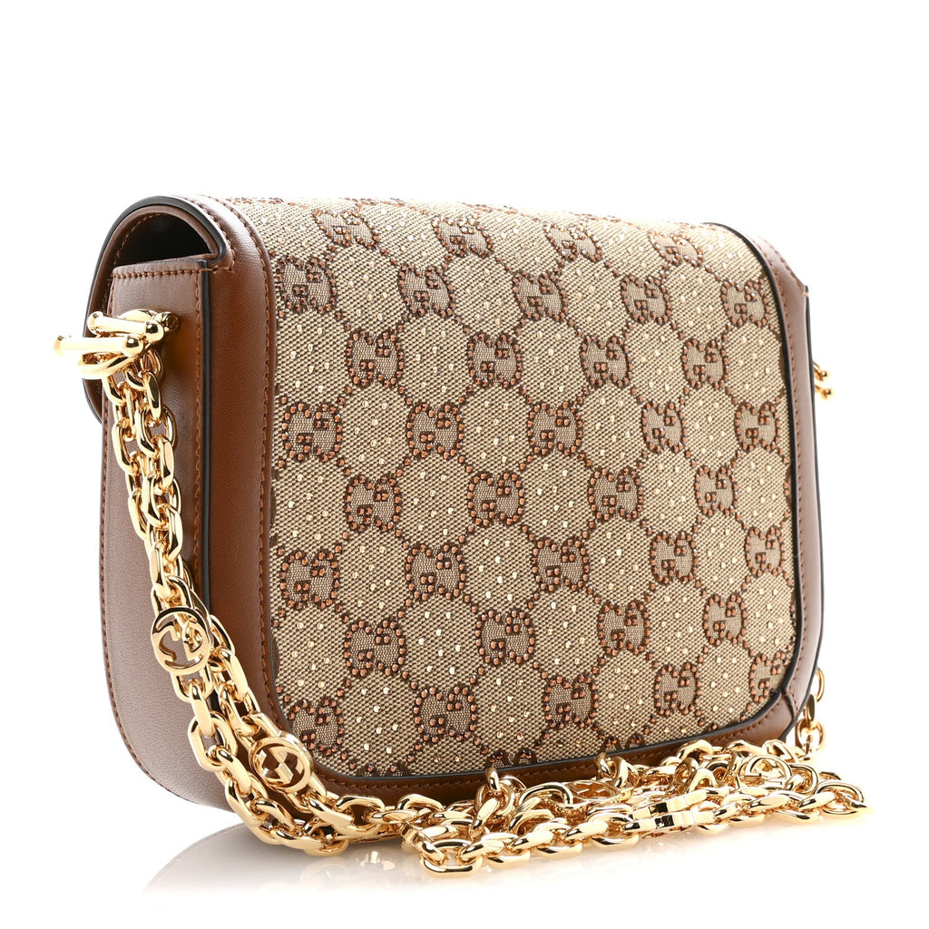 Gucci New Canvas Charisma Calfskin Crystal GG Monogram Mini Horsebit 1955 Shoulder Bag Camel Ebony