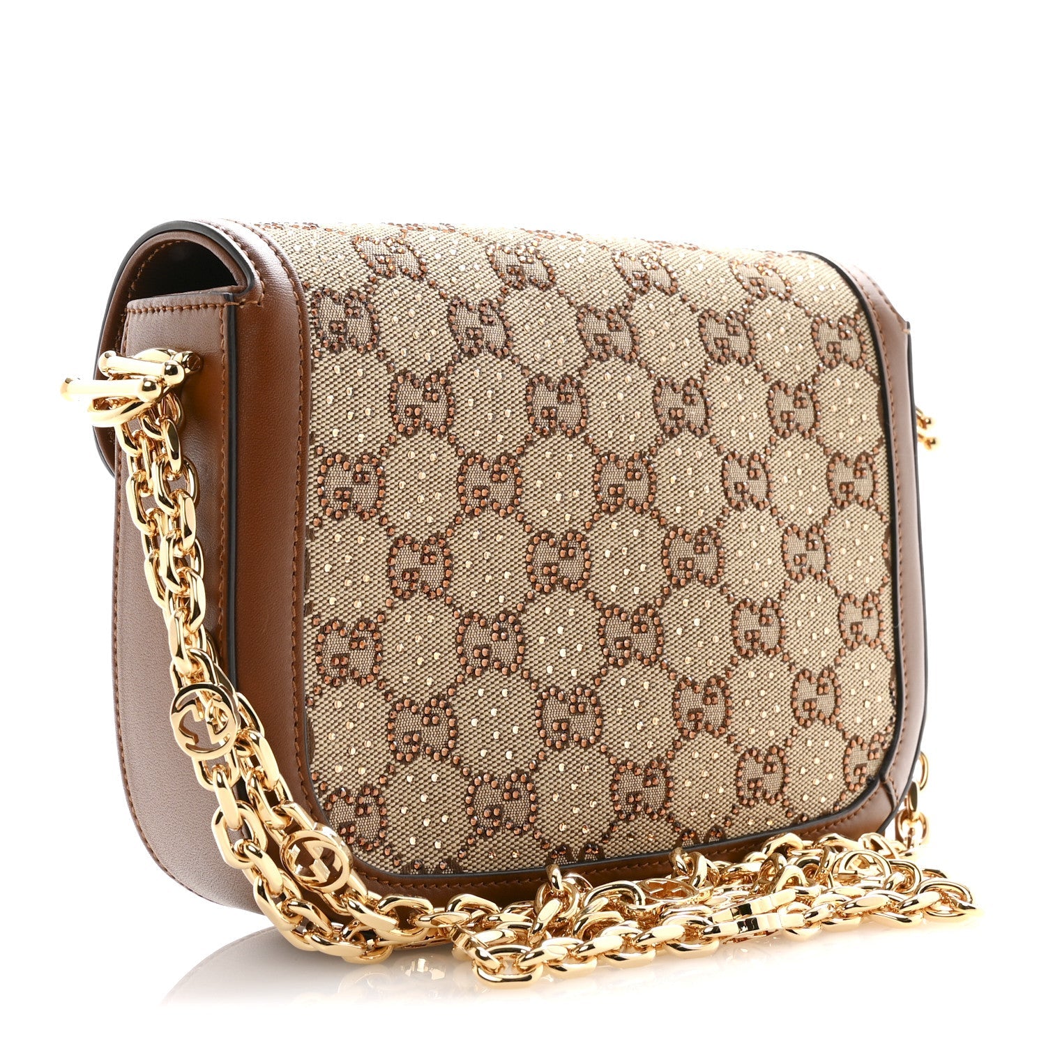 Gucci New Canvas Charisma Calfskin Crystal GG Monogram Mini Horsebit 1955 Shoulder Bag Camel Ebony