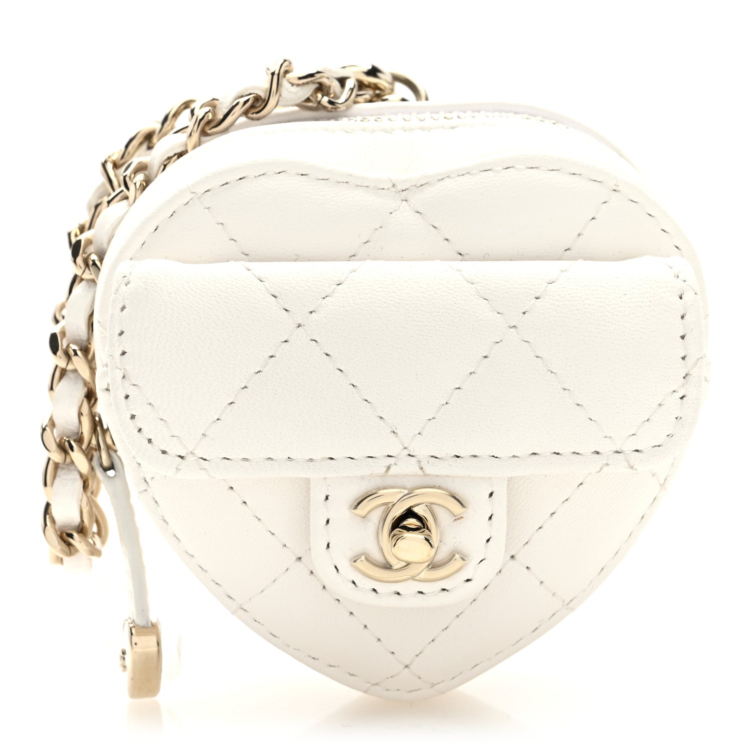 Lambskin Quilted CC Mini In Love Heart Bag Charm White