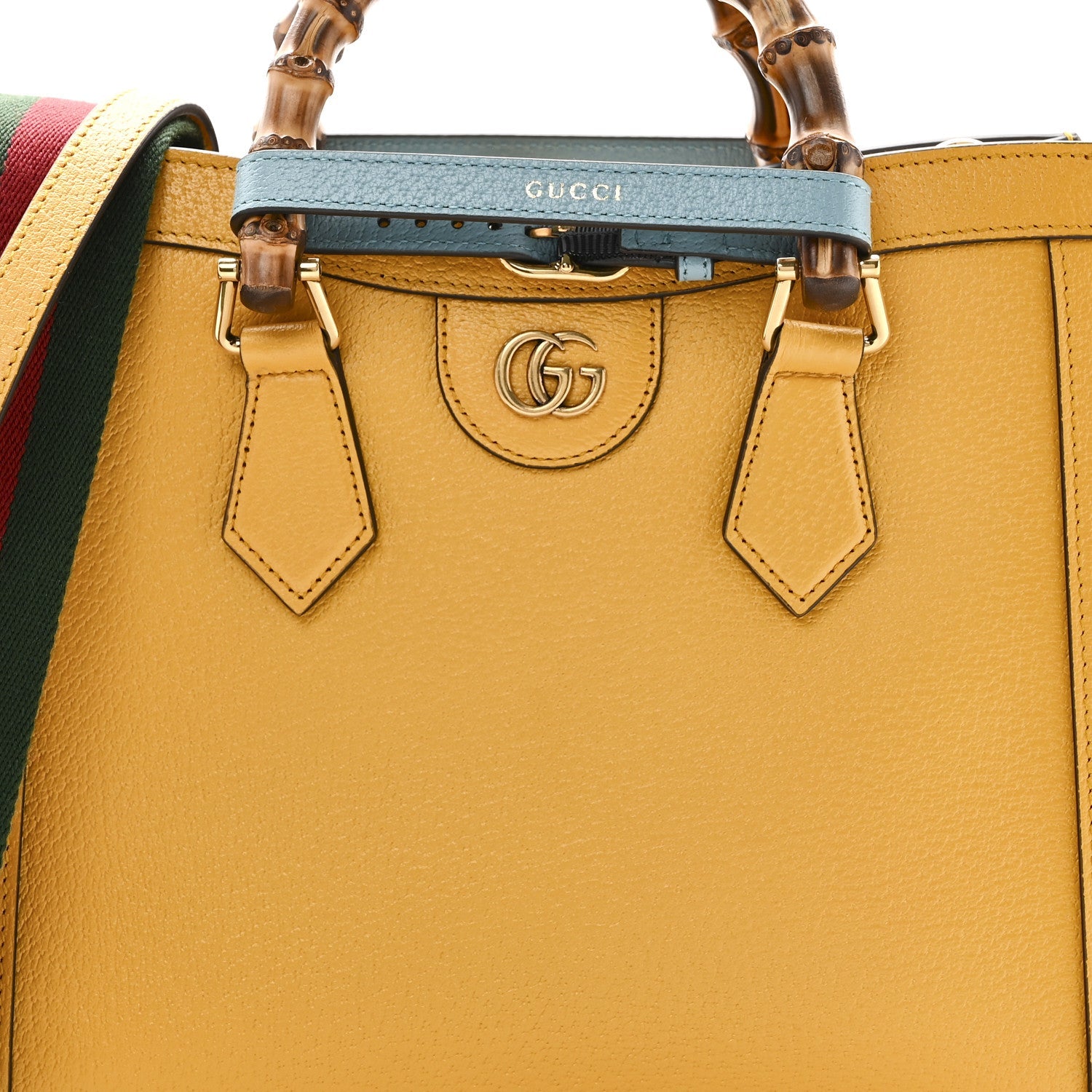 Gucci Textured Dollar Calfskin Web Small Diana Tote Bag Yellow Dusty Azure