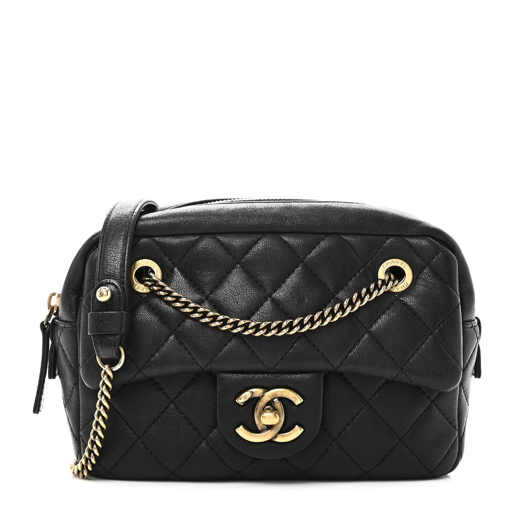 Chanel Sheepskin Quilted Trapezio Camera Case Black