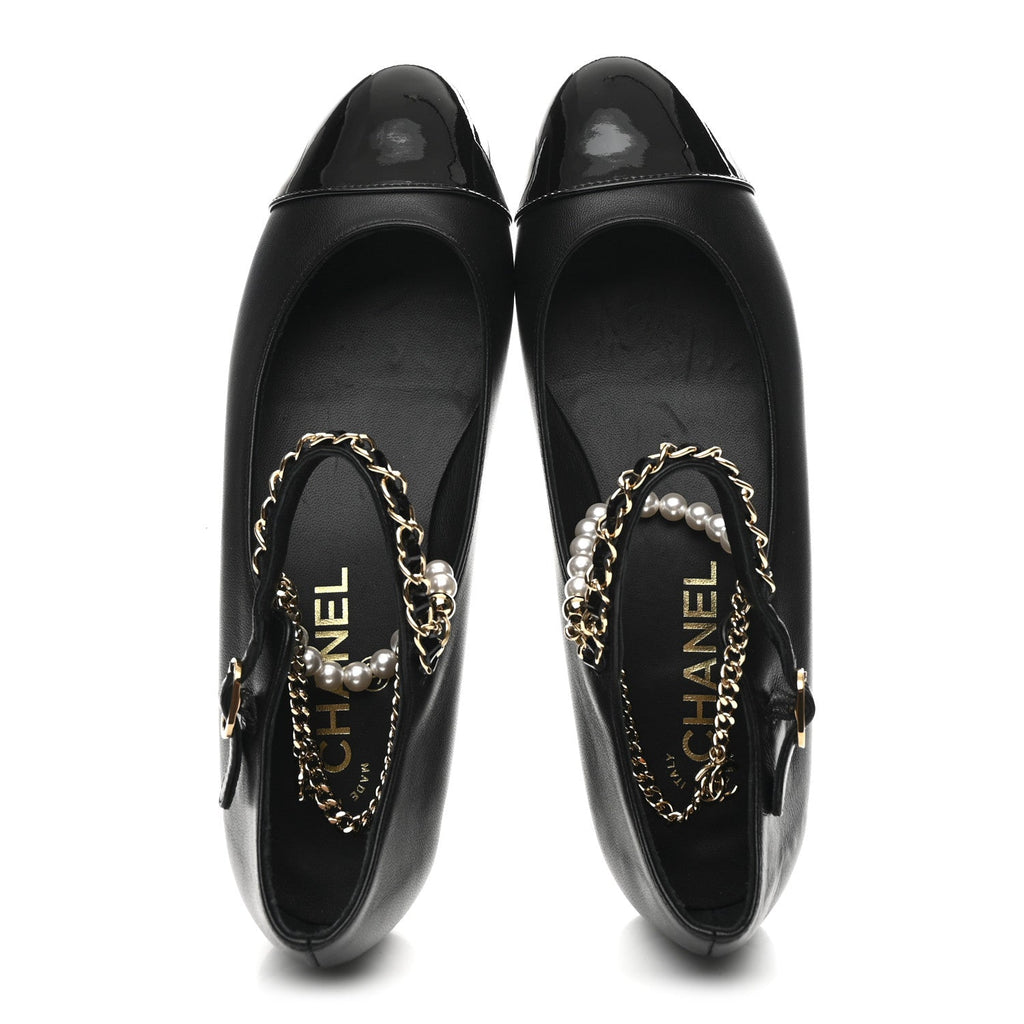 Chanel Shiny Lambskin Pearl Cap Toe Ankle Chain Ballerina Flats 37 Black