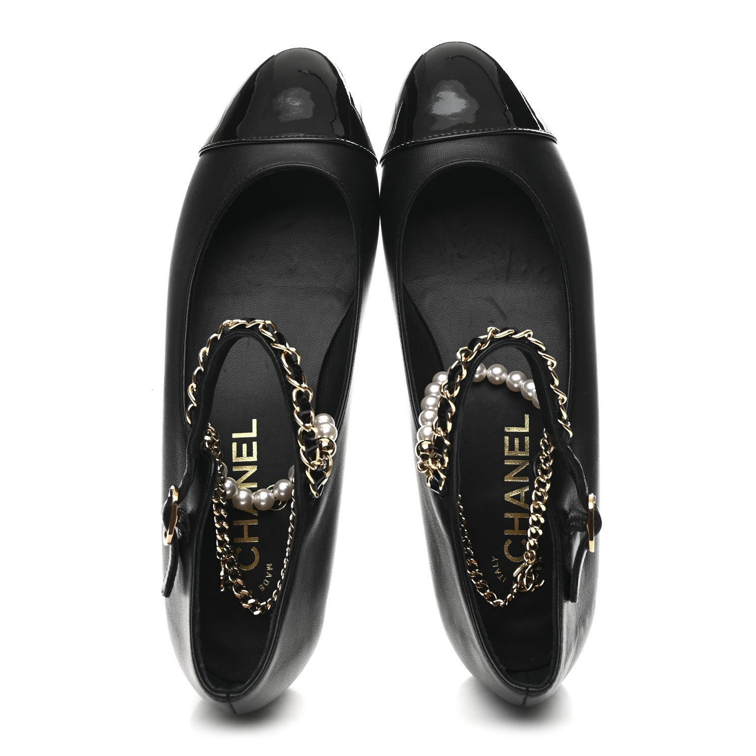Chanel Shiny Lambskin Pearl Cap Toe Ankle Chain Ballerina Flats 37 Black