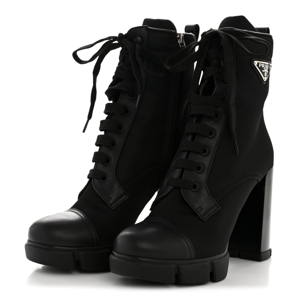 Prada Spazzolato Re-Nylon Metal Triangle Logo 110mm Ankle Boots 40 Black
