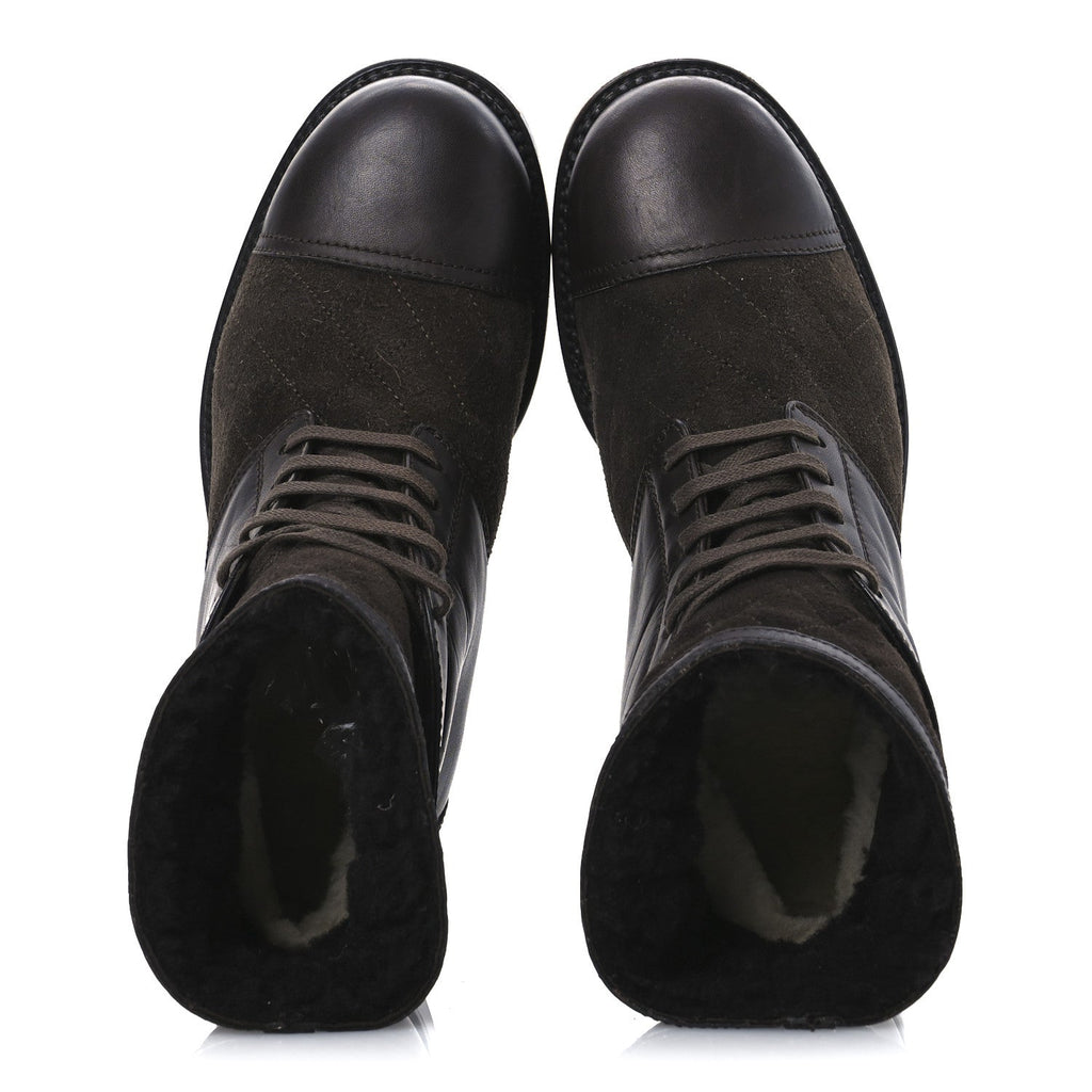 Chanel Suede Calfskin Shearling Cap Toe CC Short Boots 39 Brown