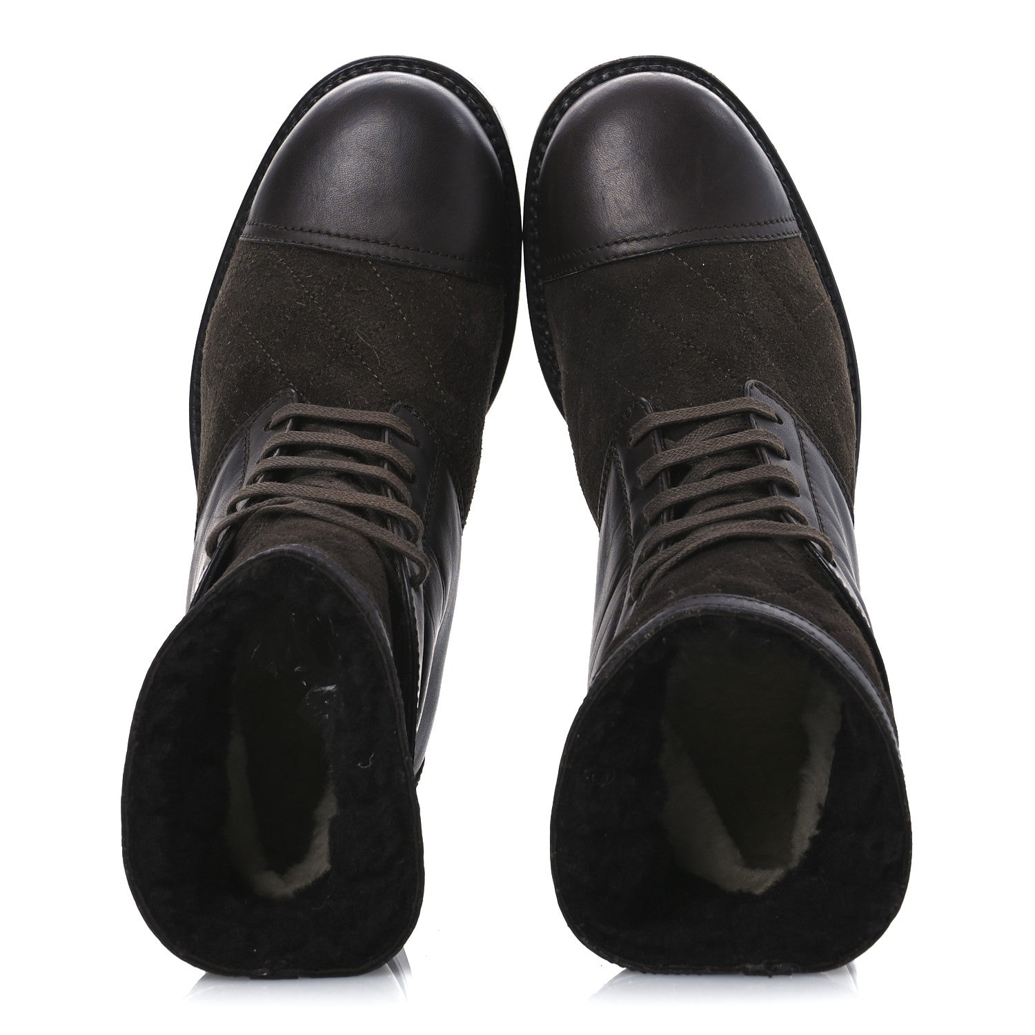 Chanel Suede Calfskin Shearling Cap Toe CC Short Boots 39 Brown