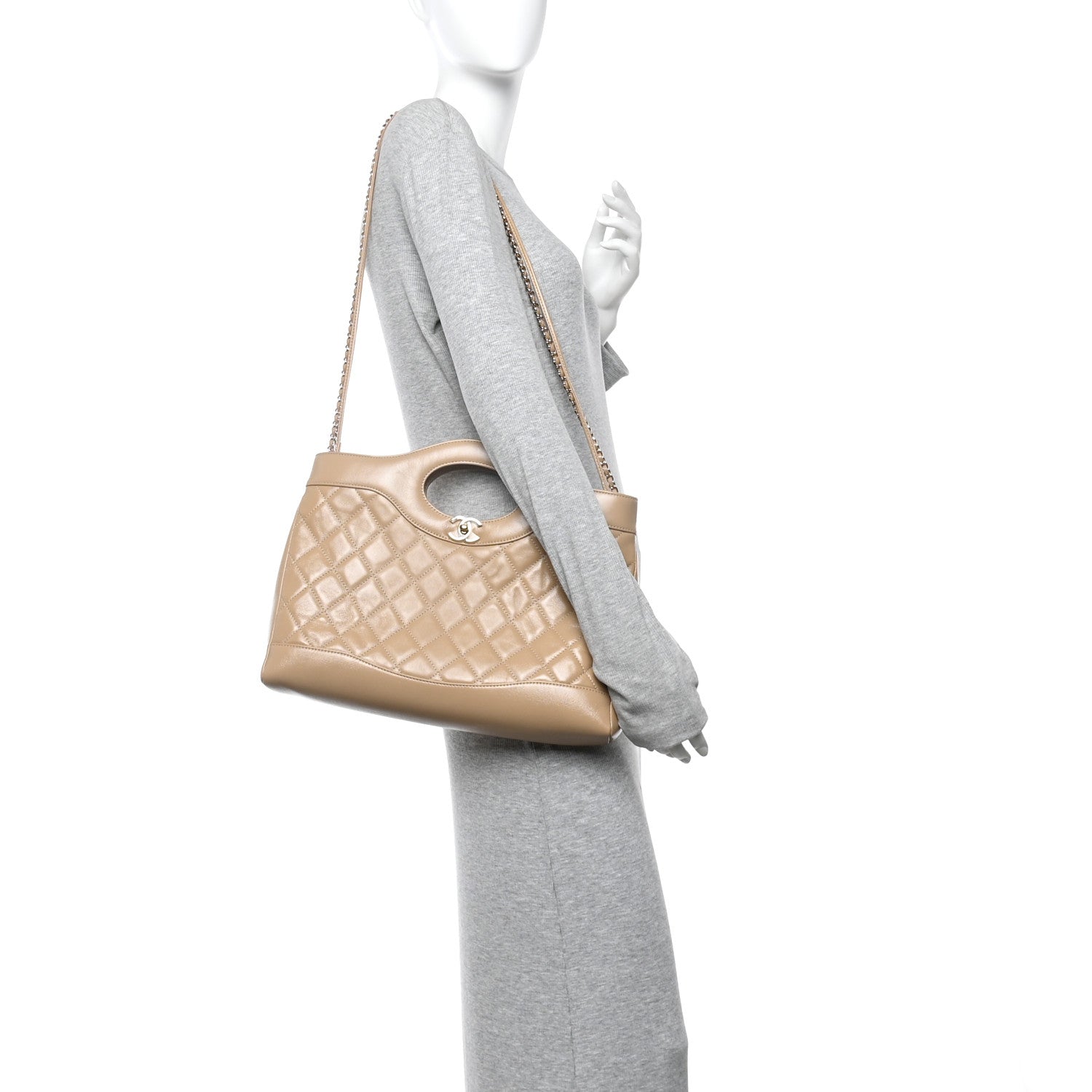 Chanel Shiny Crumpled Calfskin Quilted 31 Shopping Bag Dark Beige